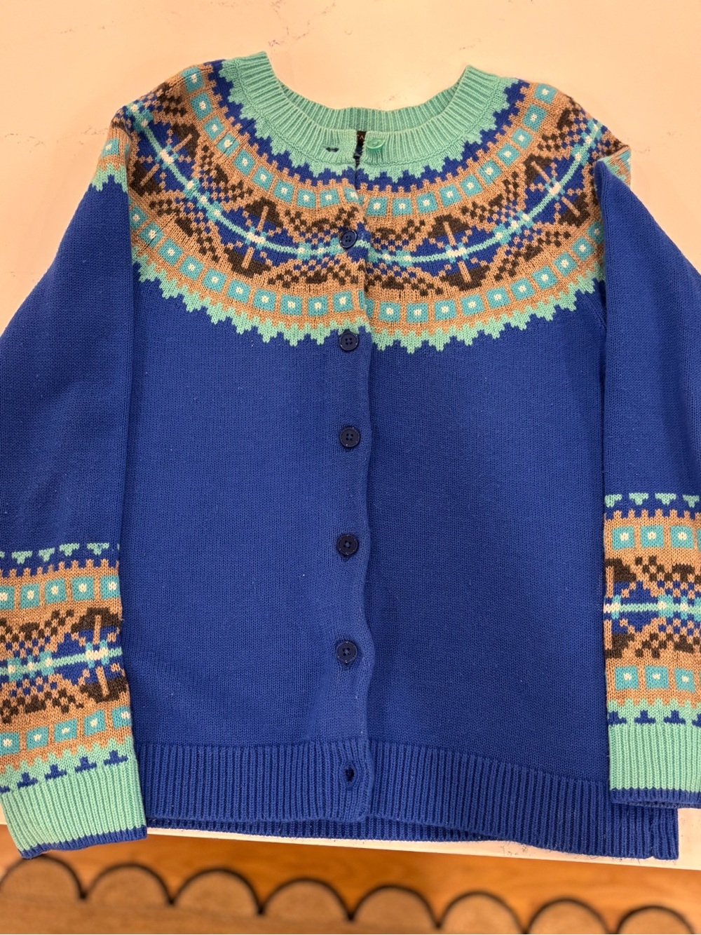 Talbots Royal Blue Fair Isle Cardigan with Mint and Tan Accents
